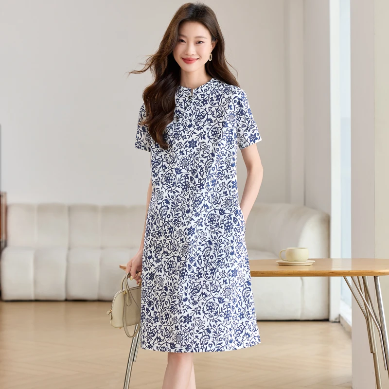 纯棉碎花连衣裙女夏季2025新款中式高端妈妈短袖气质收腰中长裙子
