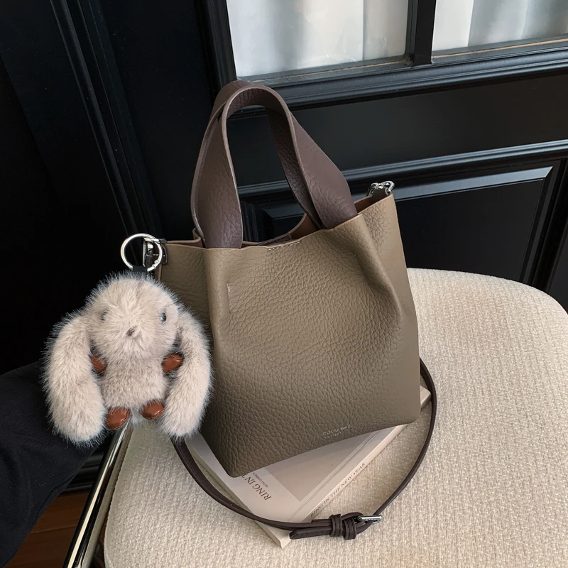 2025新款韩版轻奢高级时尚简约百搭荔枝纹撞色水桶包子母包斜挎包