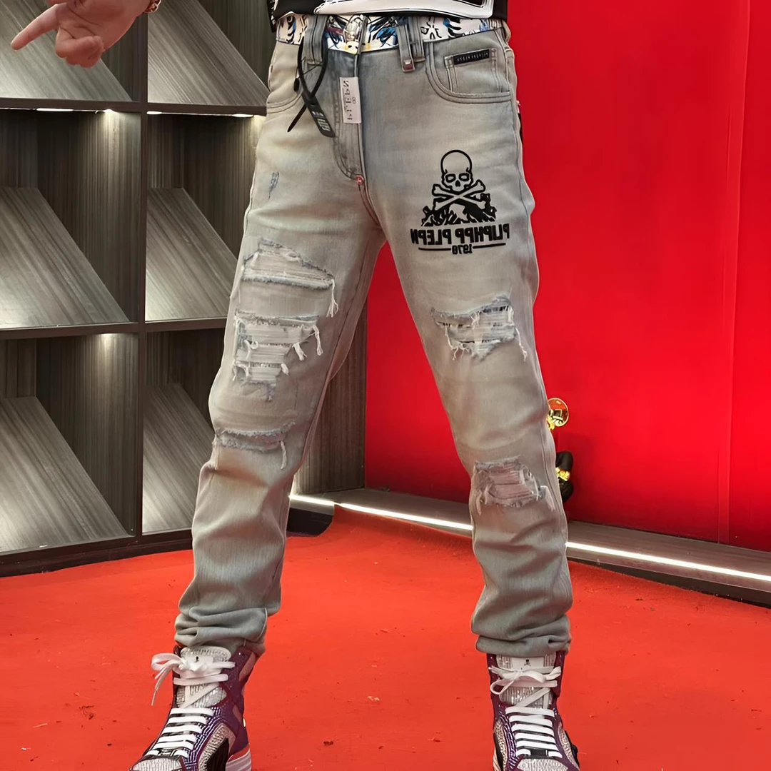 PP正品25新款潮牌设计师牛仔破洞骷髅头男士弹力修身牛仔裤9973