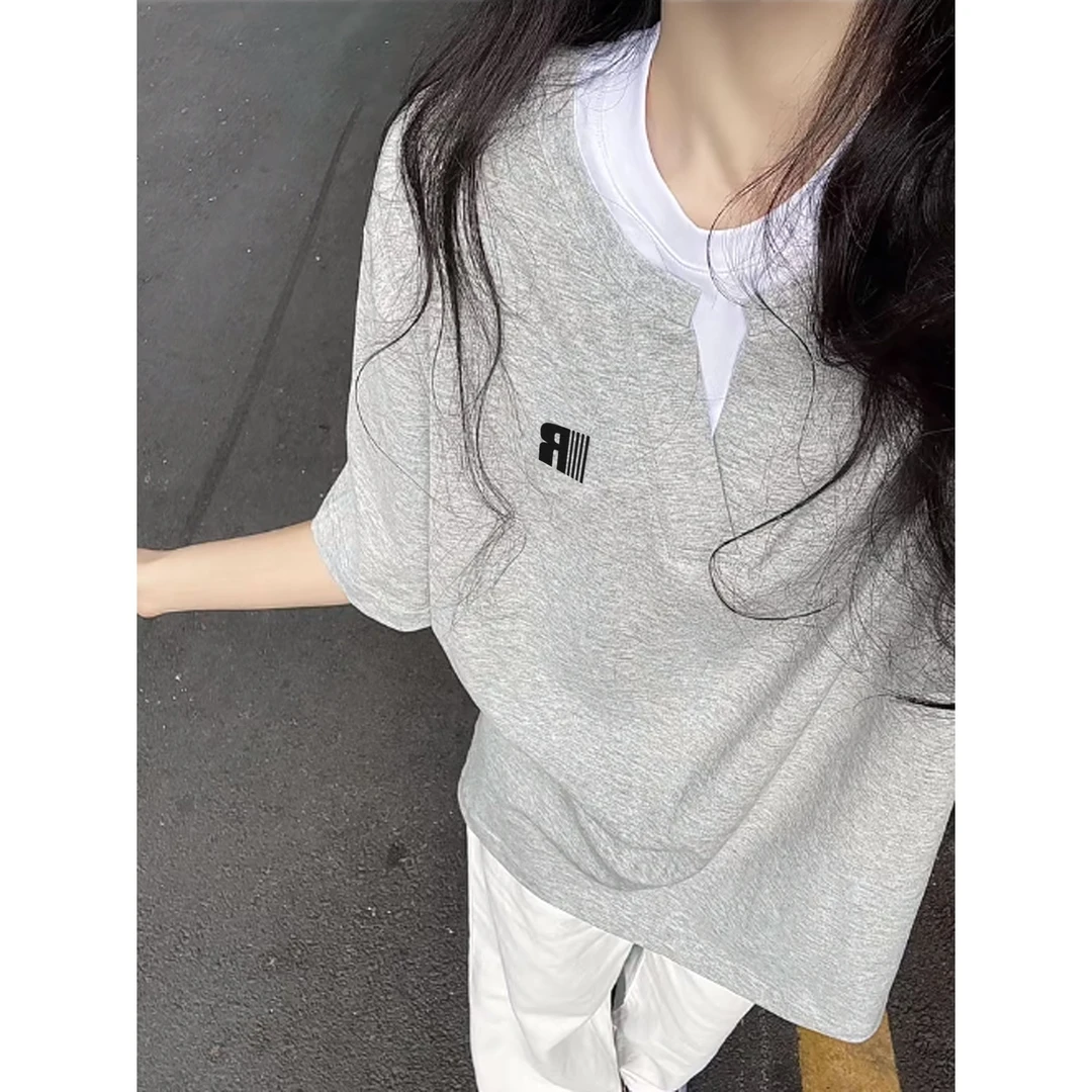 labzaa美式简约字母印花假两件短袖t恤男女夏季V领纯棉宽松上衣潮