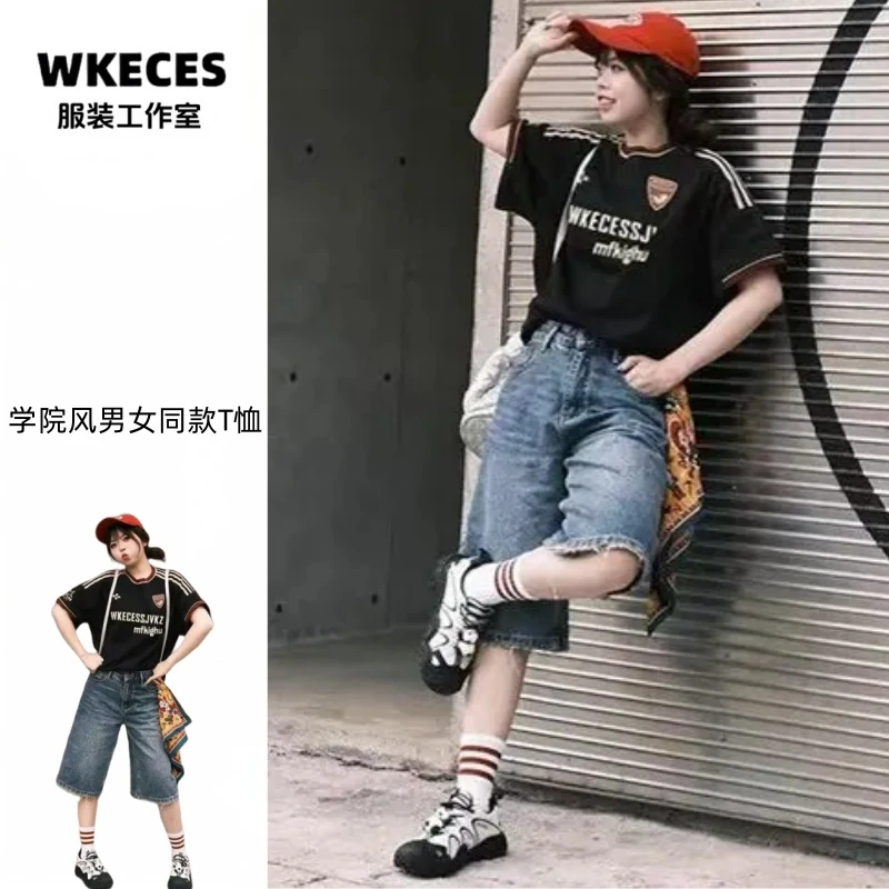 WKECES美式学院风短袖t恤女宽松高级设计感小众情侣纯棉上衣潮牌