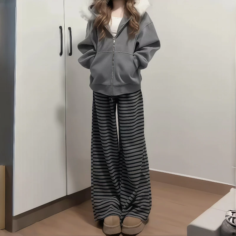 180高个子175加长黑灰色条纹阔腿裤女慵懒风垂感松弛感显瘦休闲裤