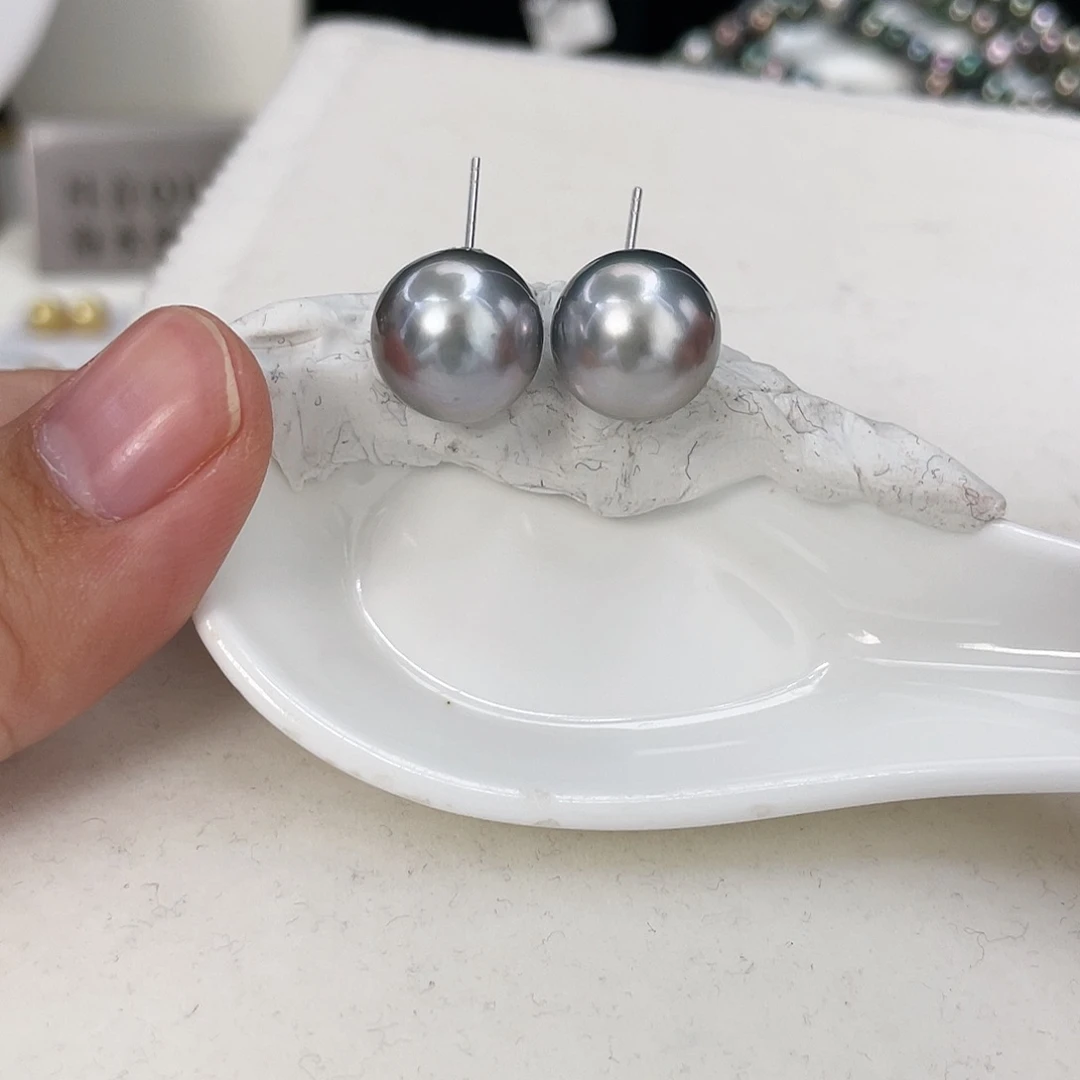 海水珍珠耳饰银S925镶嵌淼13-14铂金灰耳钉定制