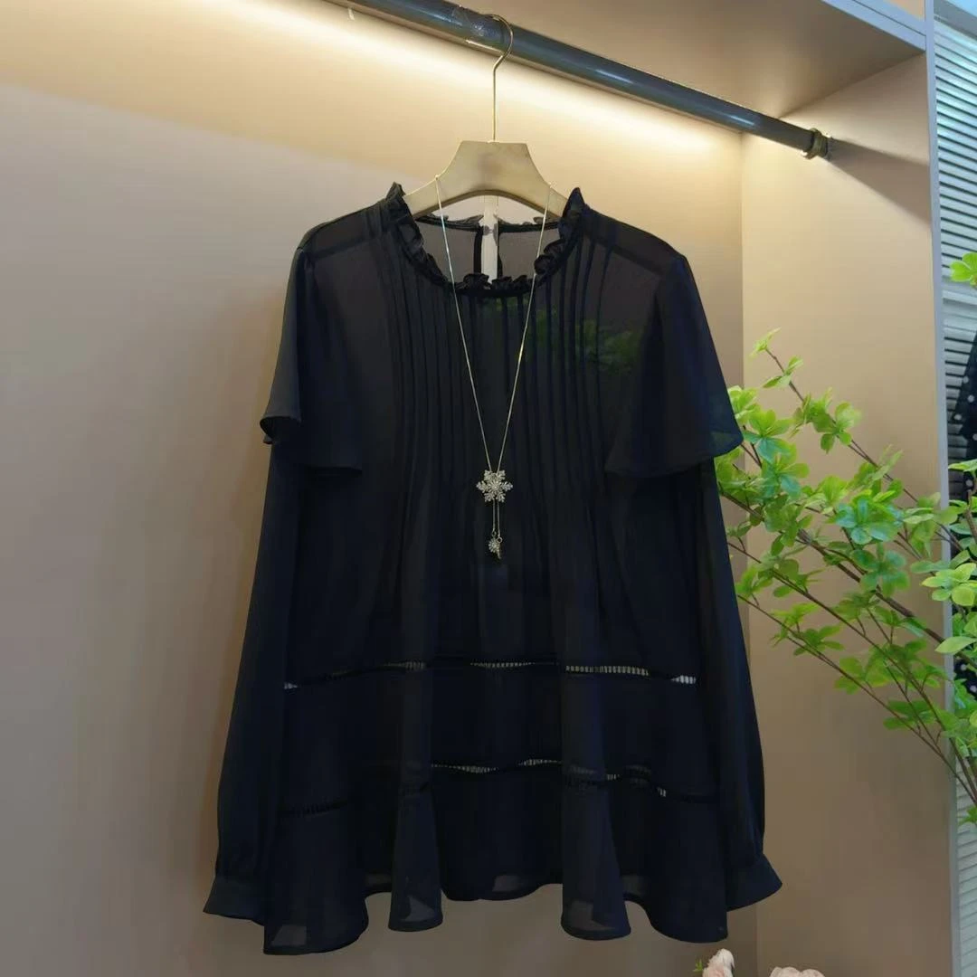 法式简约显瘦新款拼接镂空微透设计感时尚百搭上衣（长70左右）