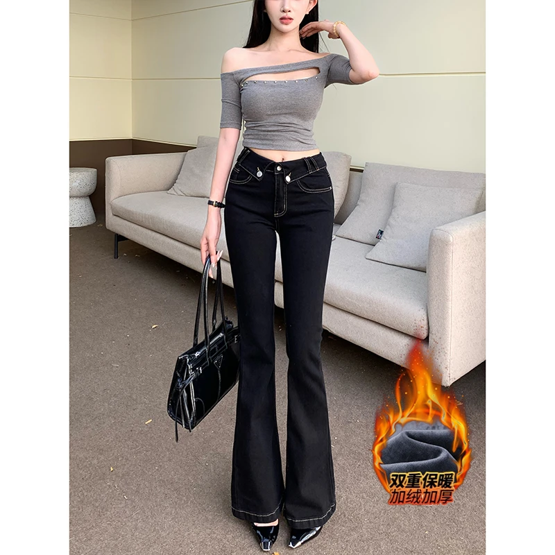古早韩女翻腰微喇牛仔裤女2025年冬季新款加绒高腰紧身显瘦拖地裤