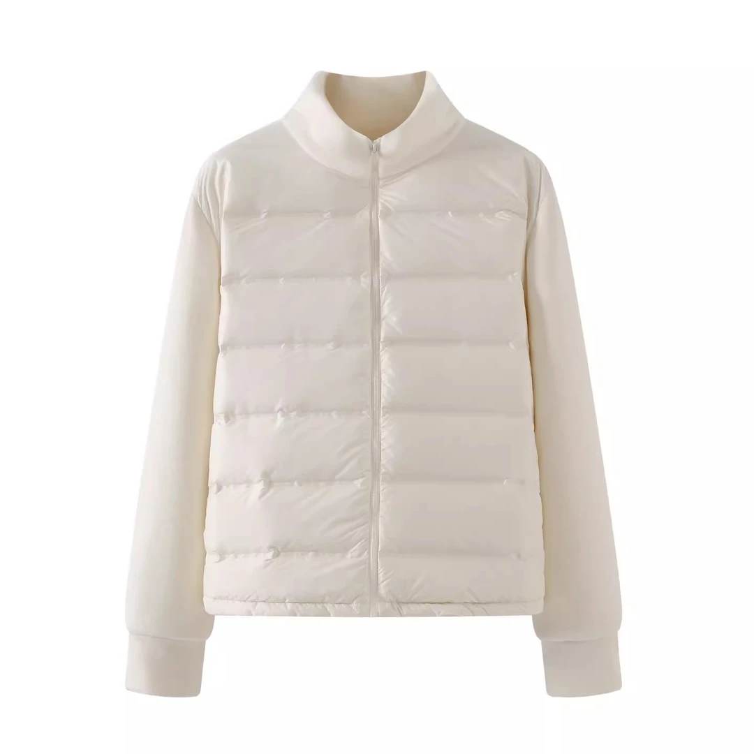 冬款摇粒绒拼接设计立领排骨羽绒服外套