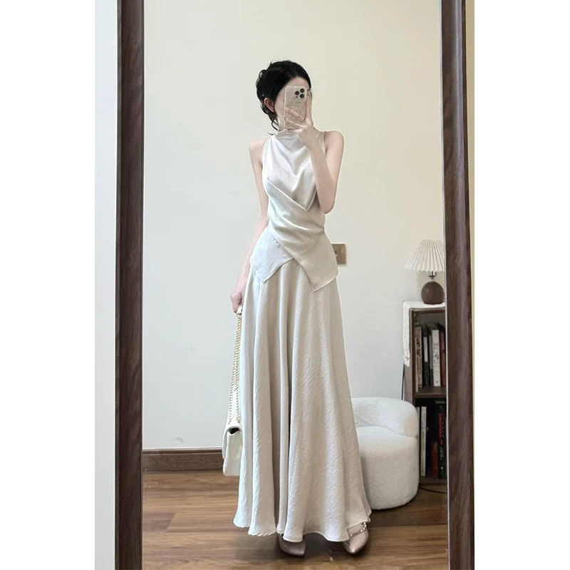 夏季新款显瘦时尚小众不规则设计感背心缎面半身裙套装时尚松弛感