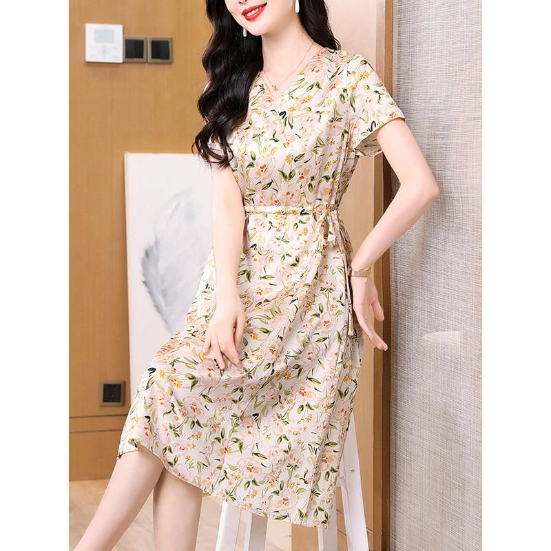 玛古芭真丝连衣裙夏款短袖碎花洋气妈妈夏季显瘦桑蚕丝裙子小个子