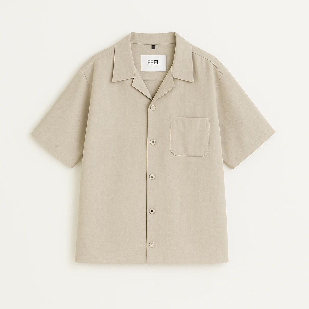 FEELHOMME男士卡其色亚麻夏季衬衣短袖衬衫