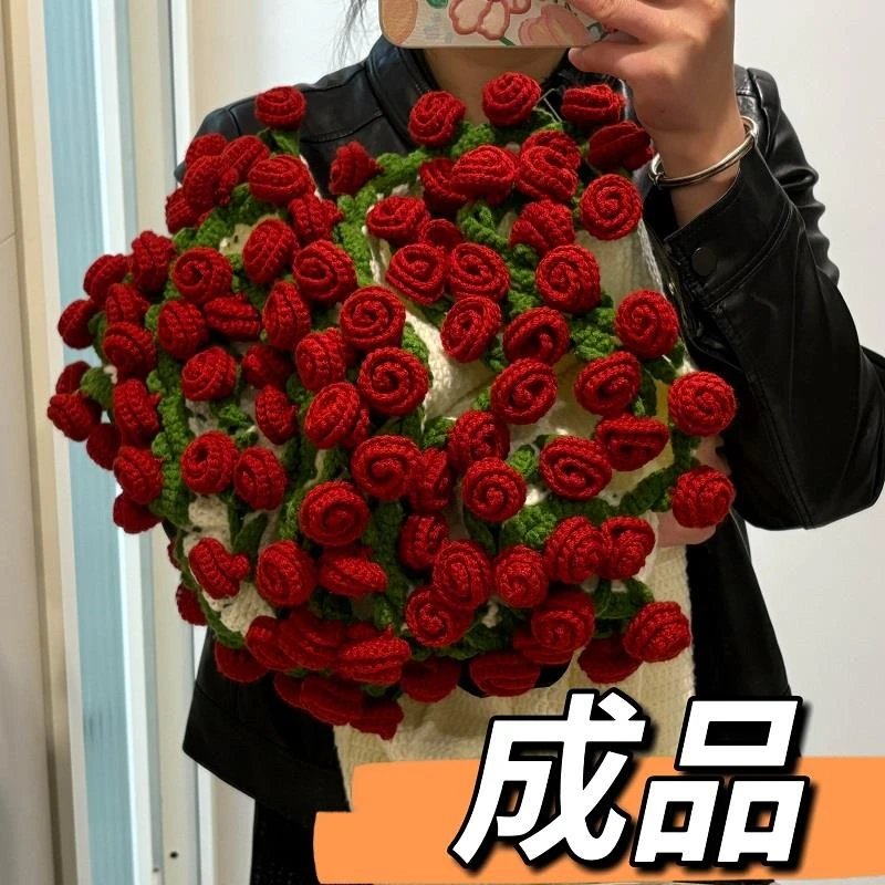 手工diy玫瑰花束毯子成品钩针编织毛毯成品材料包花朵铃兰送朋友