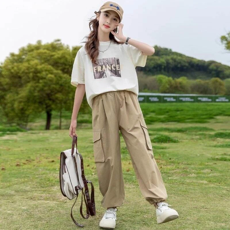 女童夏装短袖T恤套装2024新款中大童卡通印花上衣工装裤两件套潮