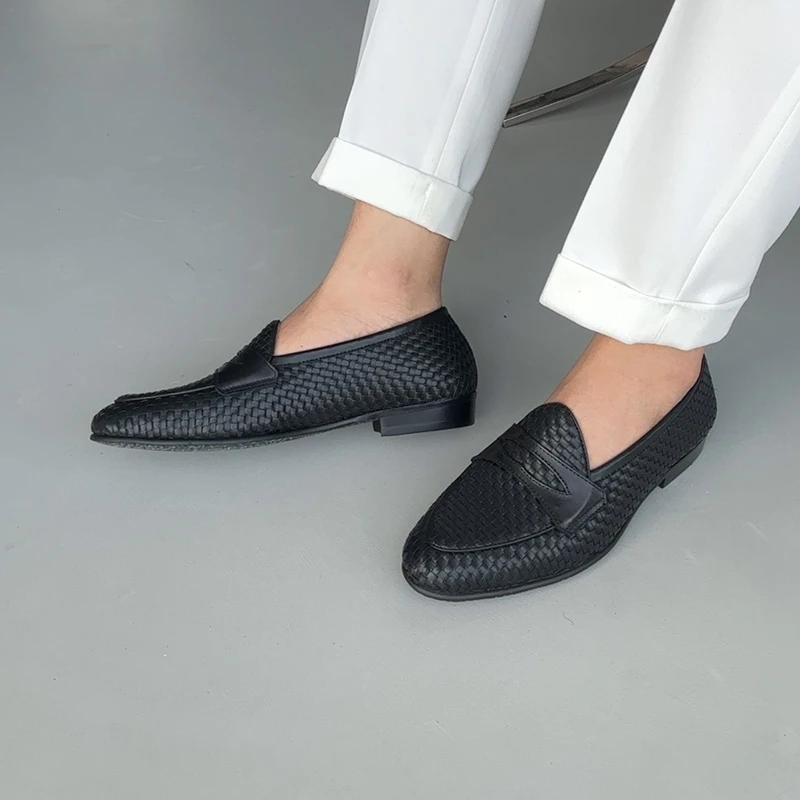 BEEFCAKE木木男休闲潮流男士乐福鞋英伦真皮一脚蹬手工编织豆豆鞋