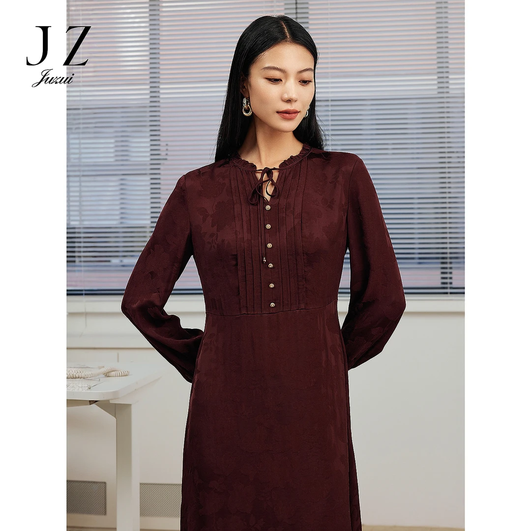 JZ玖姿商场同款JWFC50056端庄优雅暗纹缇花修身连衣裙女2025秋季