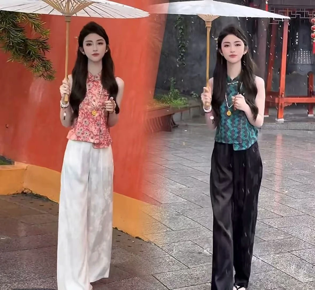 新中式国风立领斜开襟盘扣流苏气质提花原版上衣夏日复古短袖t恤