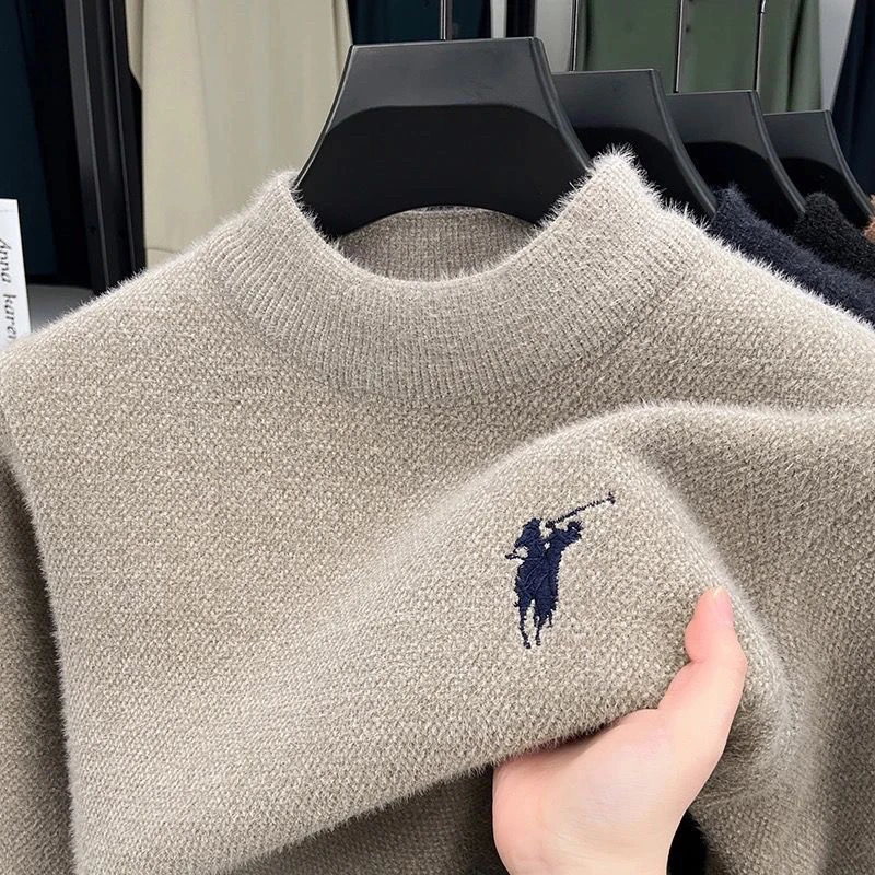 （一体雪貂绒）半高领加绒加厚男士毛衣冬季保暖套头宽松针织打底衫