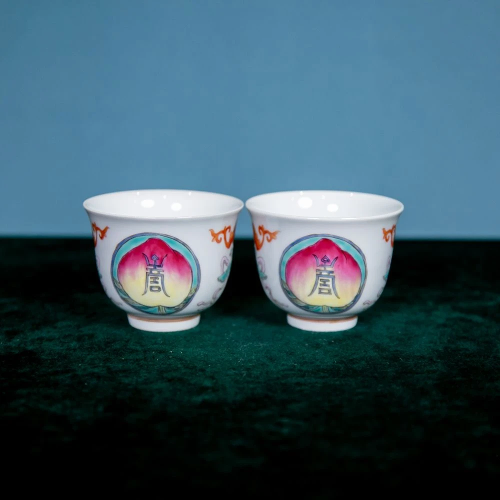 粉彩福寿纹杯一对A6-212