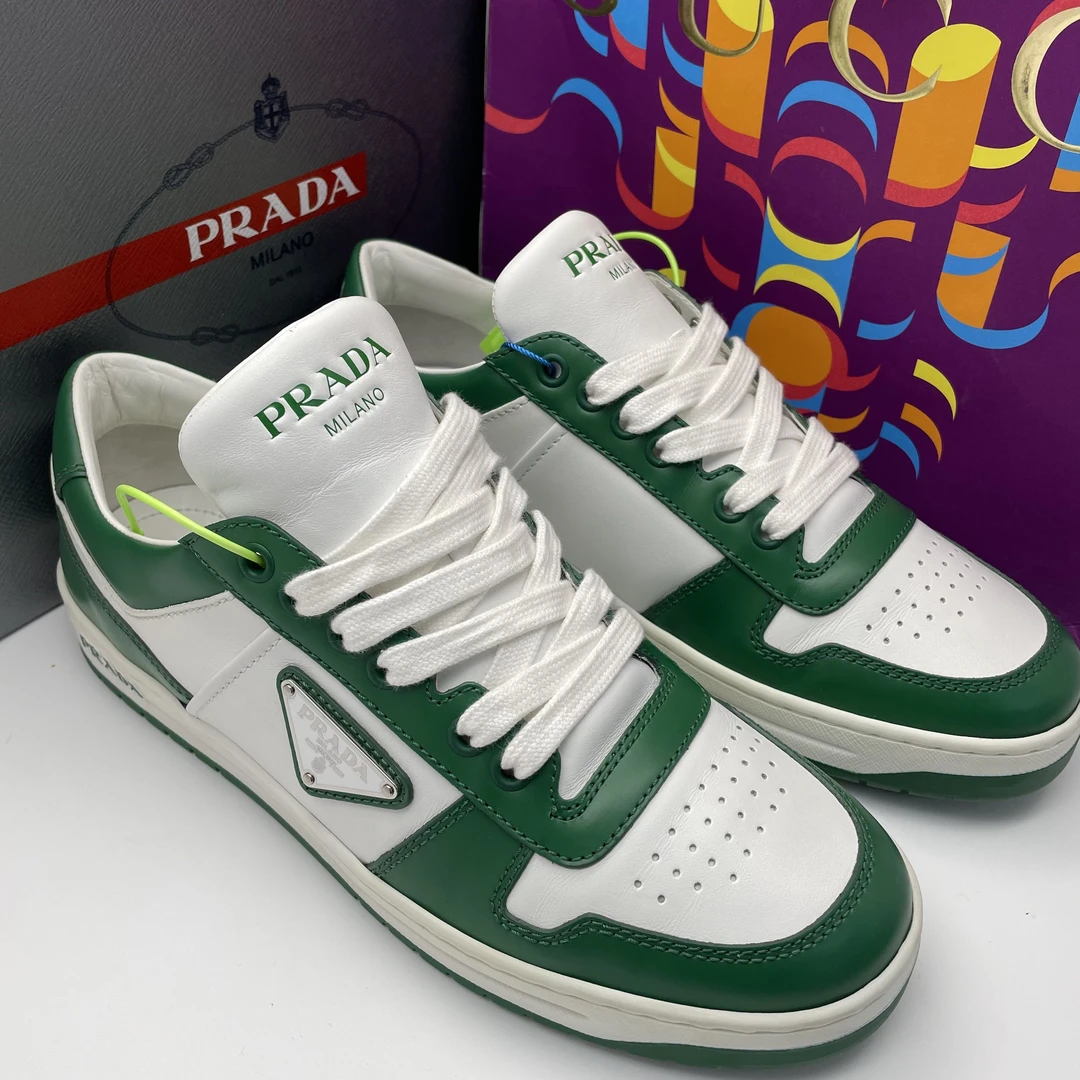 95新 Prada/普拉达 39.5欧码 Downtown皮革LOGO标志白绿时尚板鞋