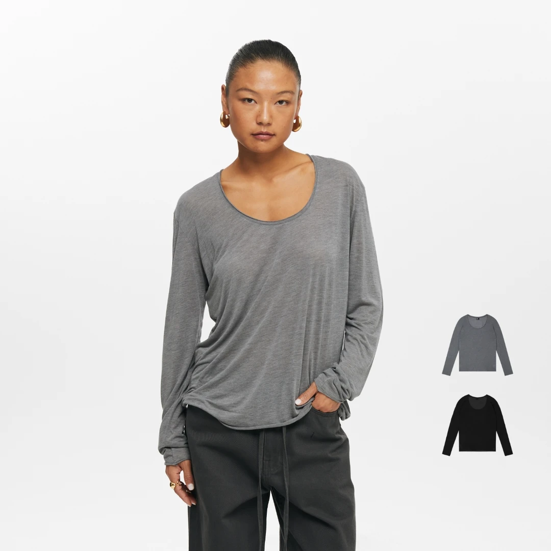 OneupU领散边宽松长袖运动休闲女士简约速干纯色圆领透气套头