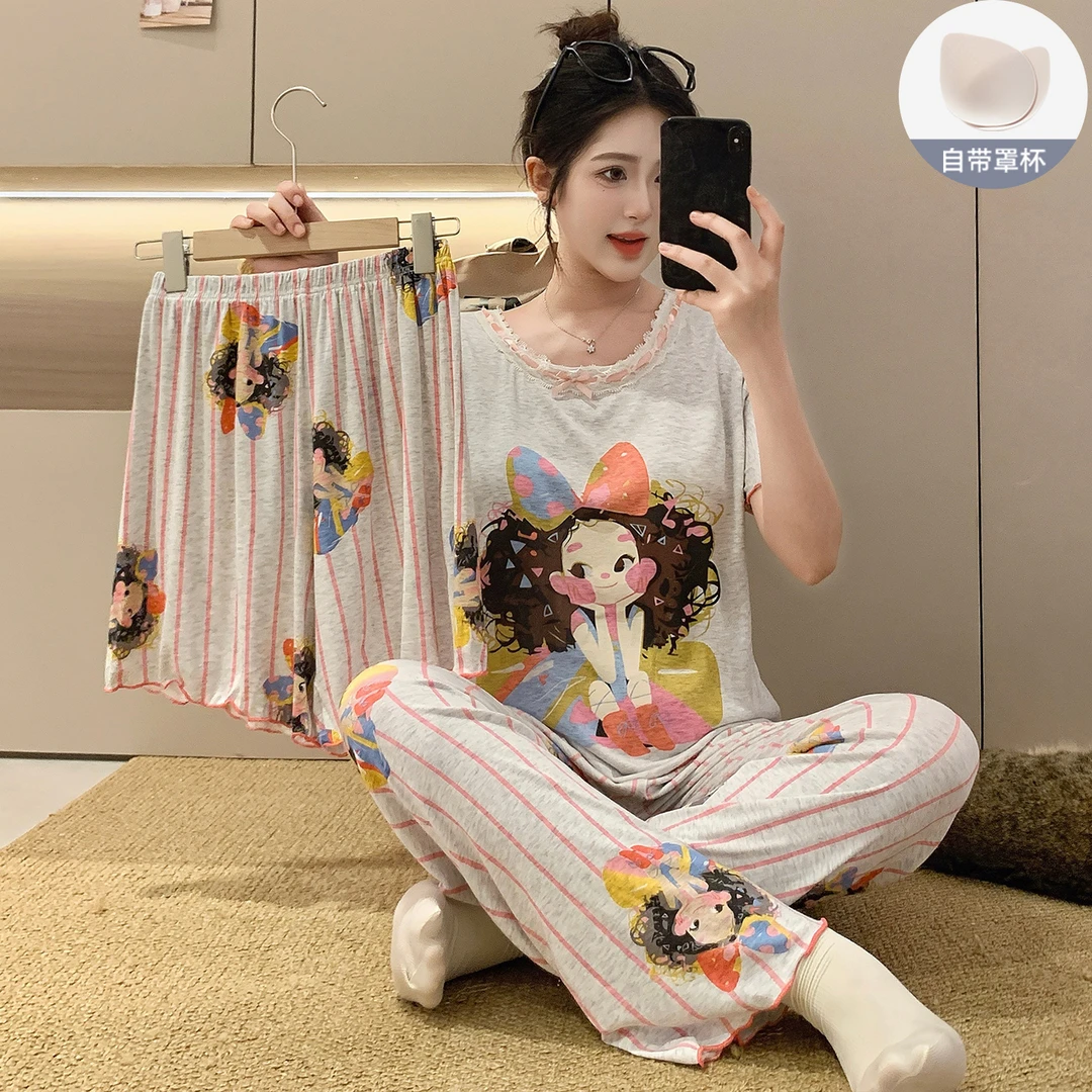 2025新款睡衣女夏季莫代尔带胸垫短袖可爱卡通可外穿家居服三件套