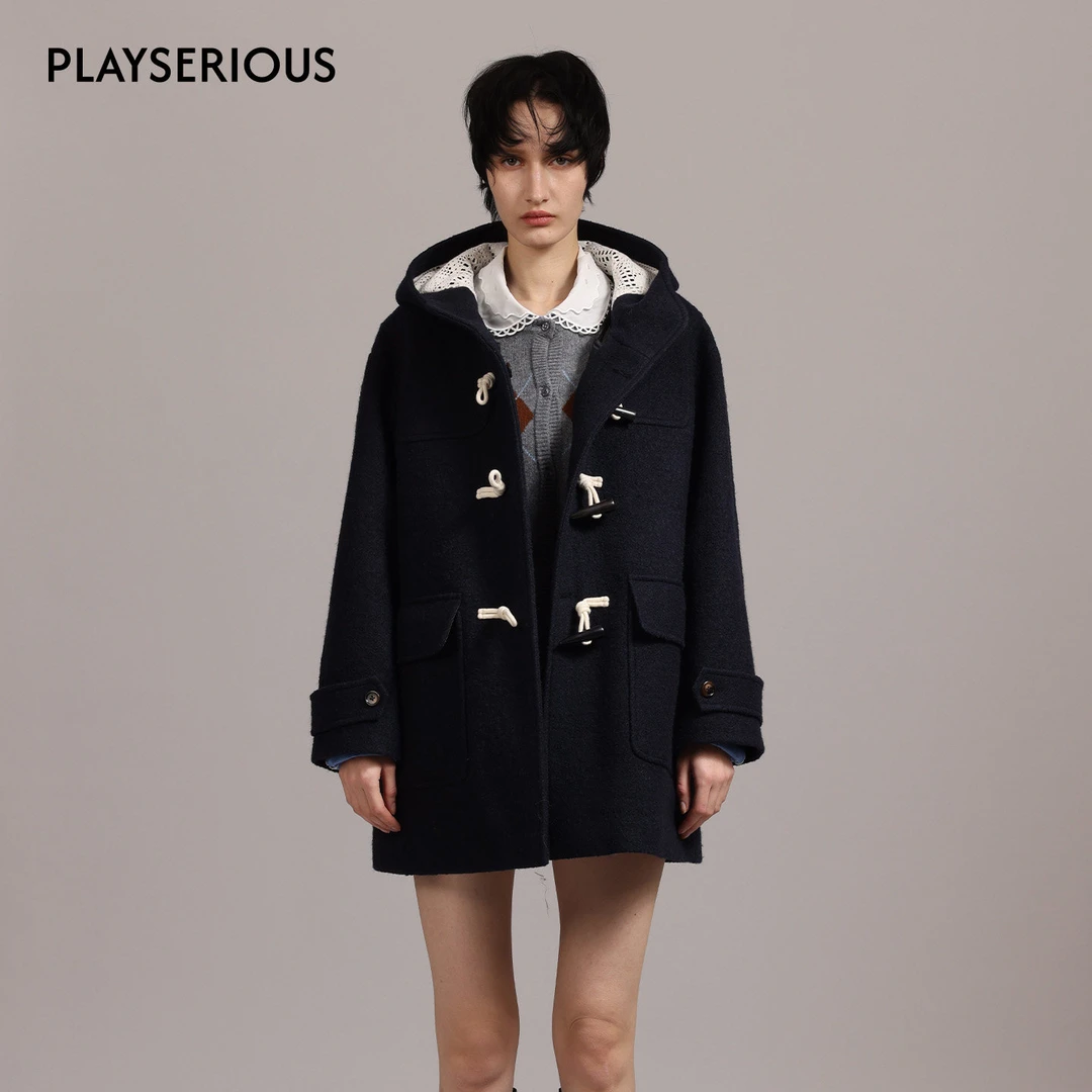 LACERTA 2025秋冬新款藏蓝色连帽羊毛牛角扣短大衣女休闲毛呢外套