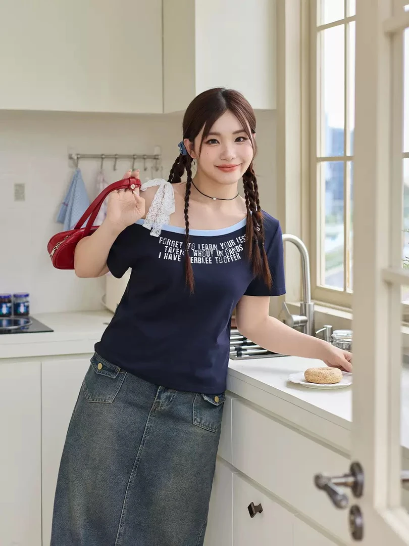 大圆自制 美式辣妹斜肩蕾丝绑带T恤