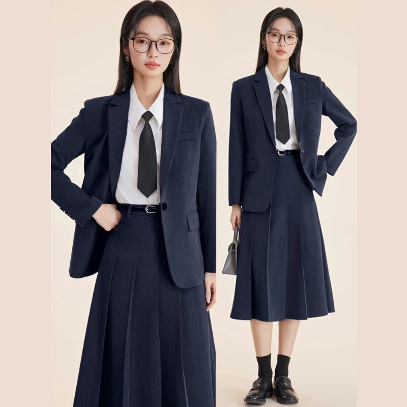 藏青色职业正装套装裙女大学生春秋新款艺考教资面试穿搭西装外套