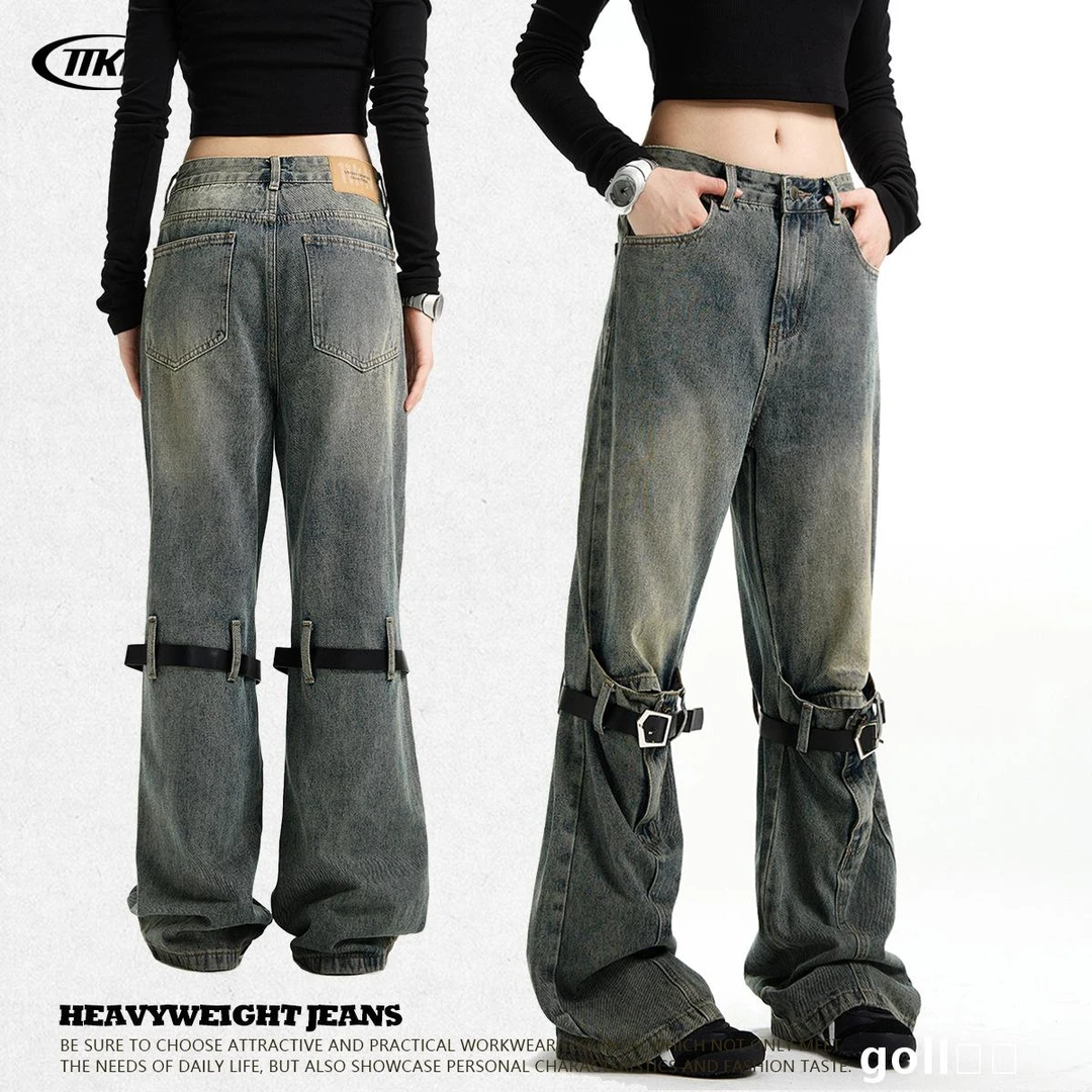 美式复古牛仔裤男皮带拼接微喇工装裤宽松破洞大码阔腿裤ins