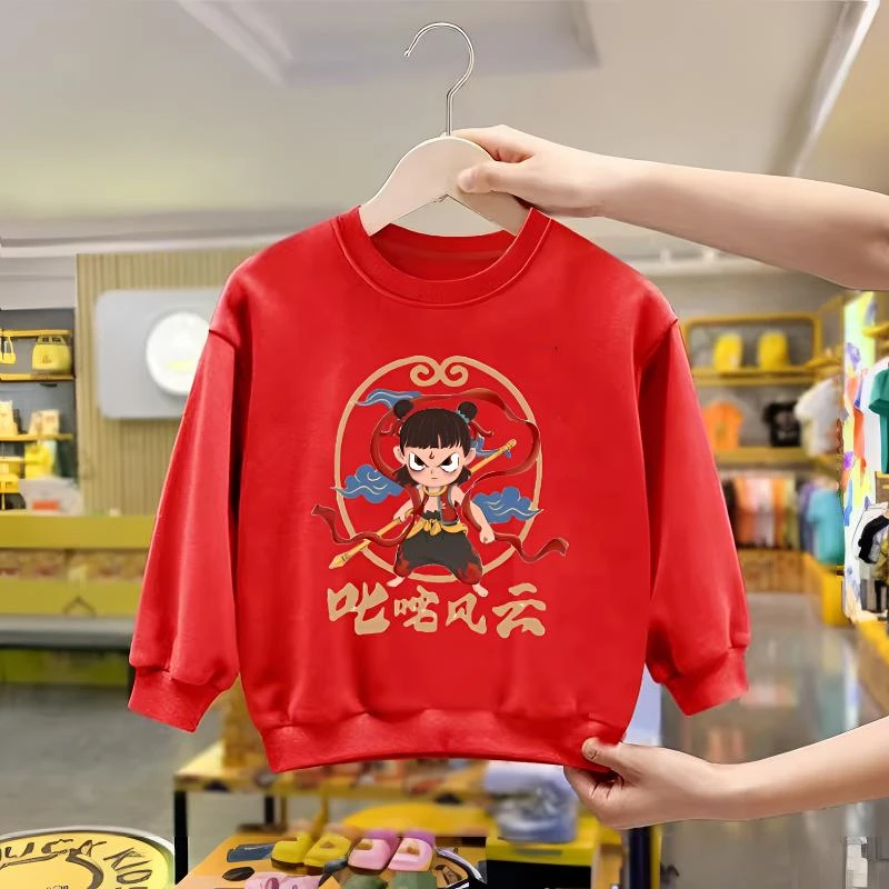新款红色男女童卡通圆领哪吒上衣宝宝春秋洋气休闲风卫衣喜庆上衣