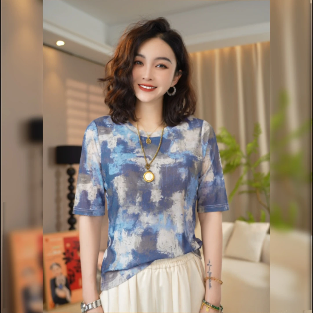 秘境 夏季新款高级感气质显瘦百搭薄款圆领女士设计感时尚上衣