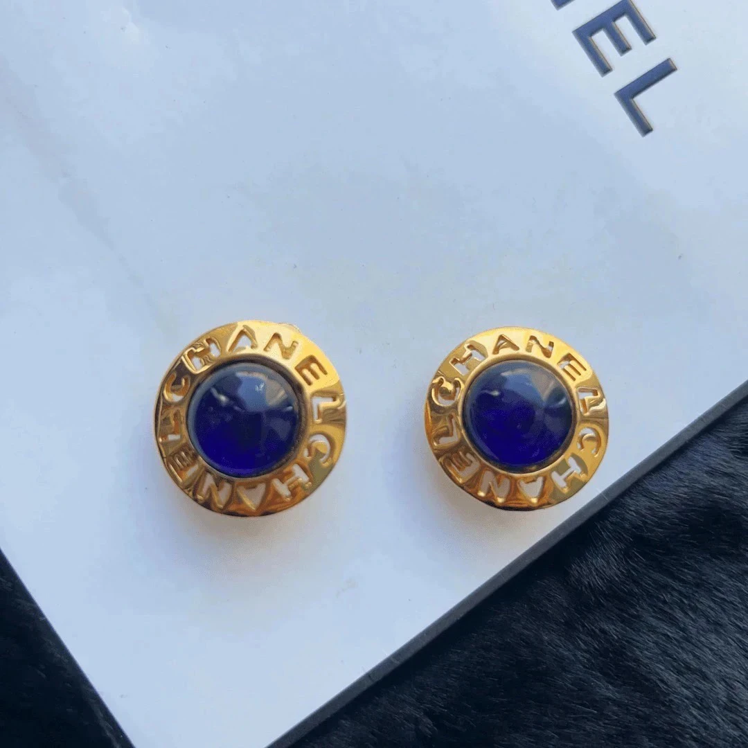 95新 Chanel/香奈儿 Chanel vintage香奈儿中古字母蓝琉璃耳夹
