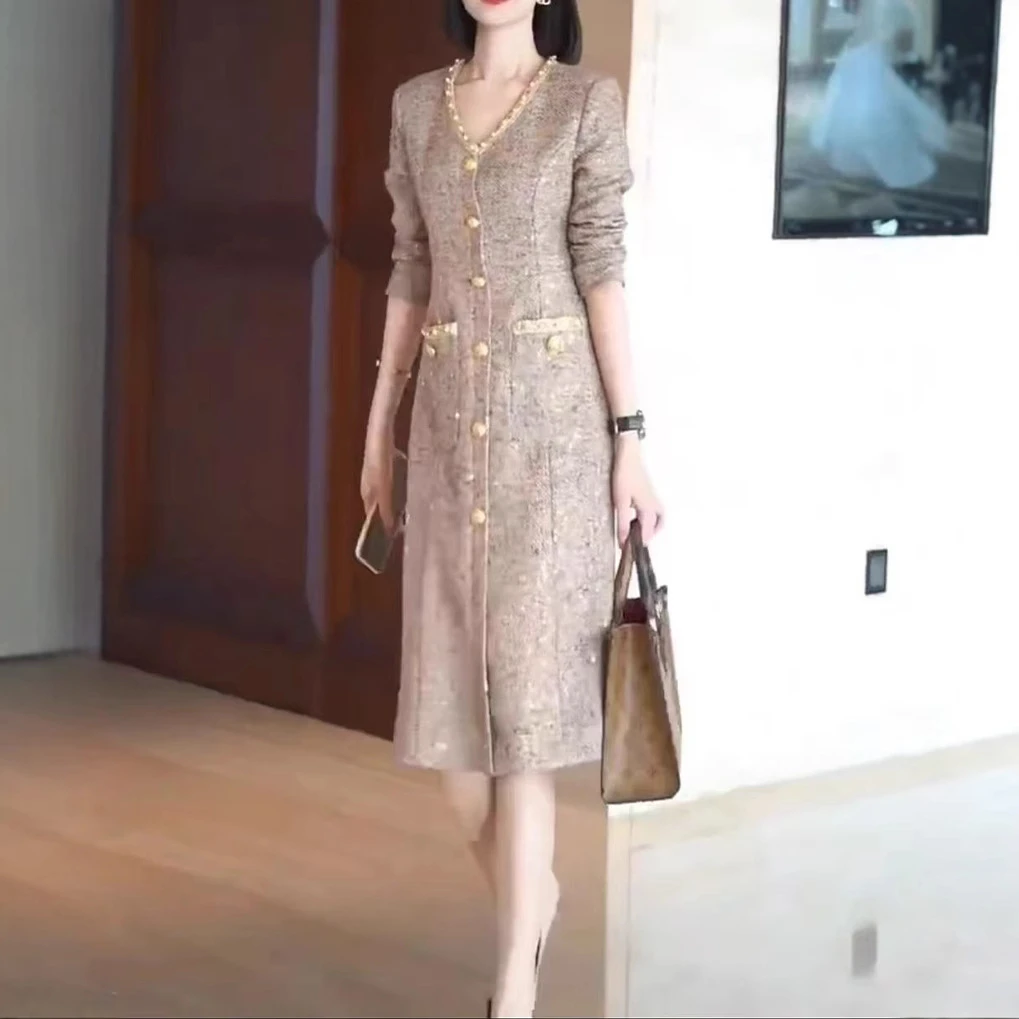 2025早春新款纯色简约轻熟风时尚气质显瘦中长款连衣裙御姐风女裙