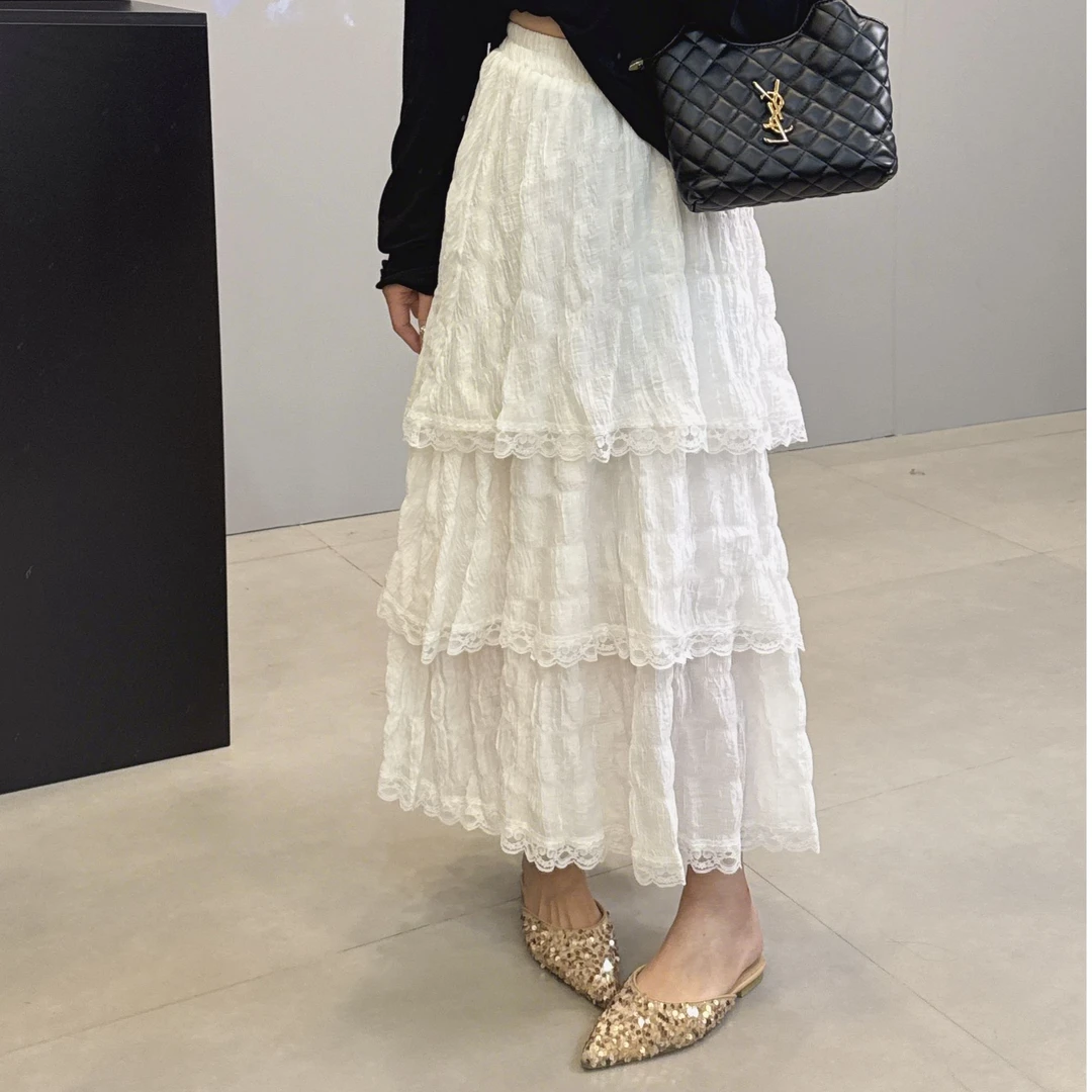 法式新款洋气百搭高腰蕾丝显瘦蛋糕A版半身裙