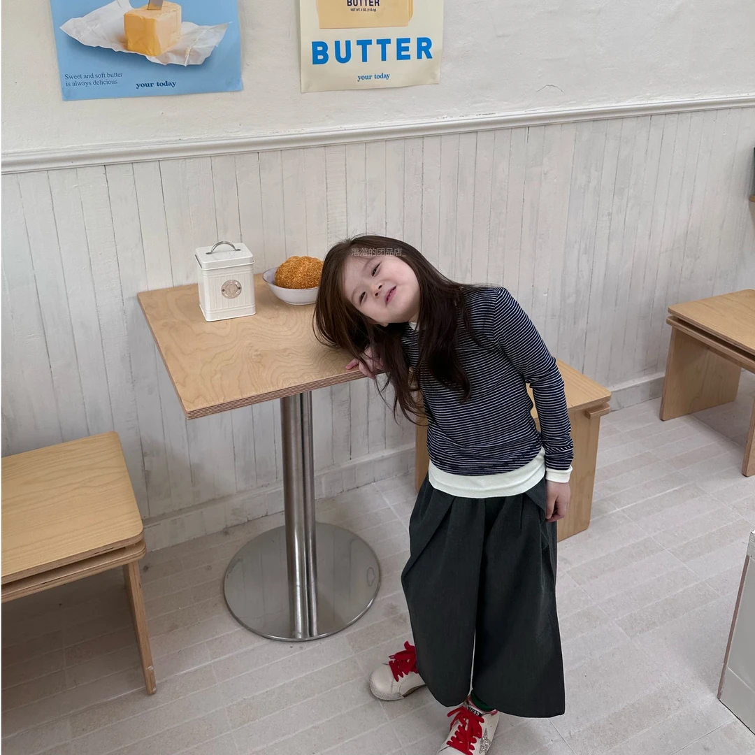 壹妈韩版童装女童套装新款洋气女宝条纹假两件上衣灰色休闲长裤