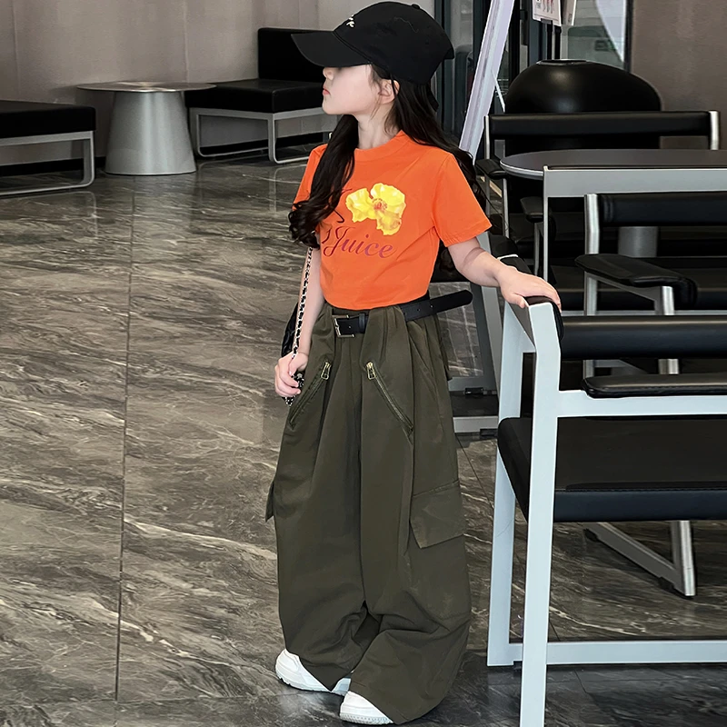 女童夏季工装裤T恤套装2025新儿童运动洋气高腰时尚休闲宽松炸街