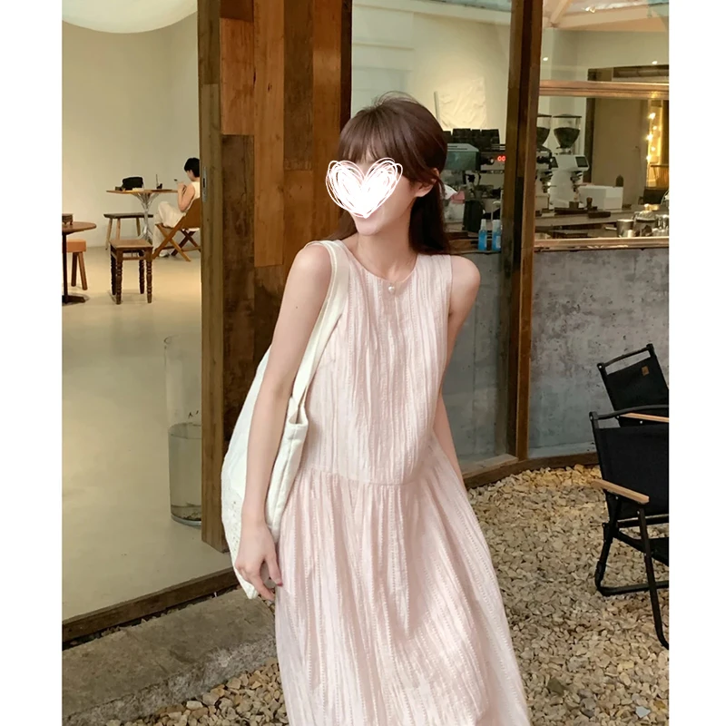 FRVXO【悠然舒展】夏日透气粉色长裙简约纯色连衣裙无袖宽版裙子