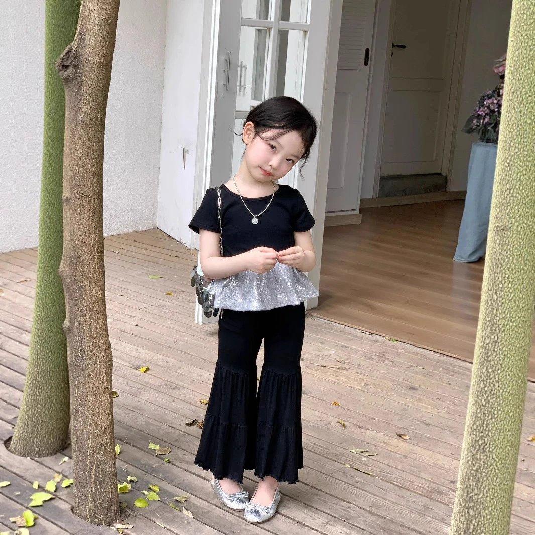 小思家女童套装2025新款韩版洋气蕾丝花边拼接短袖上衣高腰喇叭裤