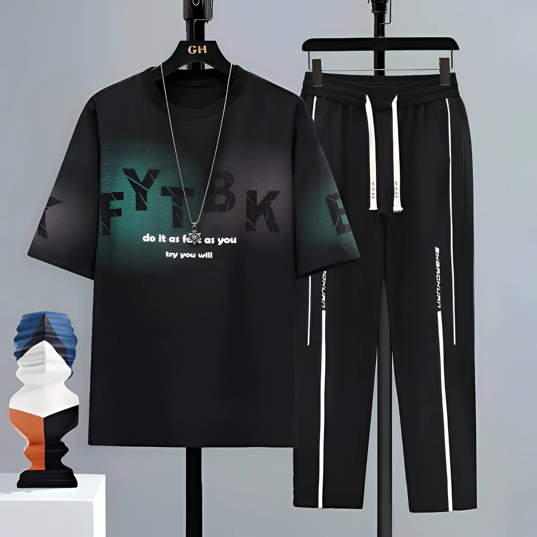 新款夏季初高中学生冰丝短袖t恤男青少年夏装帅气大童九分袖套装