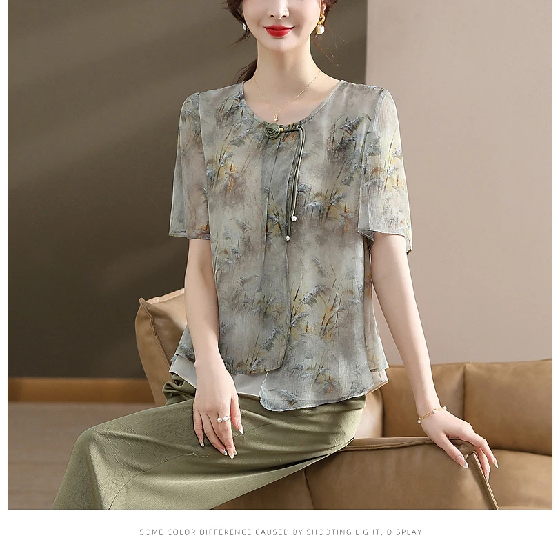 恒源祥彩羊妈妈装新款夏季时尚雪纺套装洋气减龄显瘦国风宽松