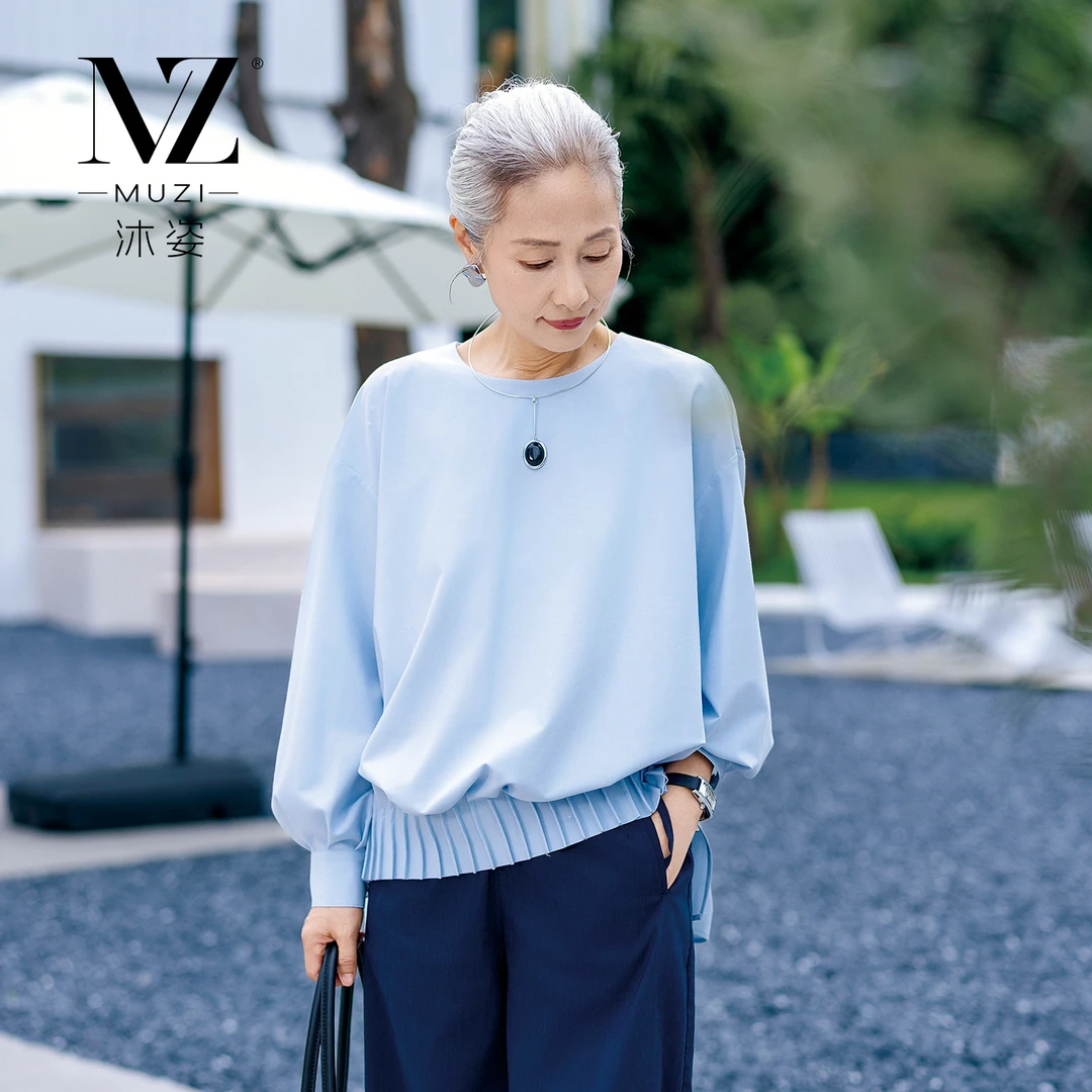 沐姿秋季新款长袖女装原创设计感时尚T恤减龄中年妈妈装宽松上衣