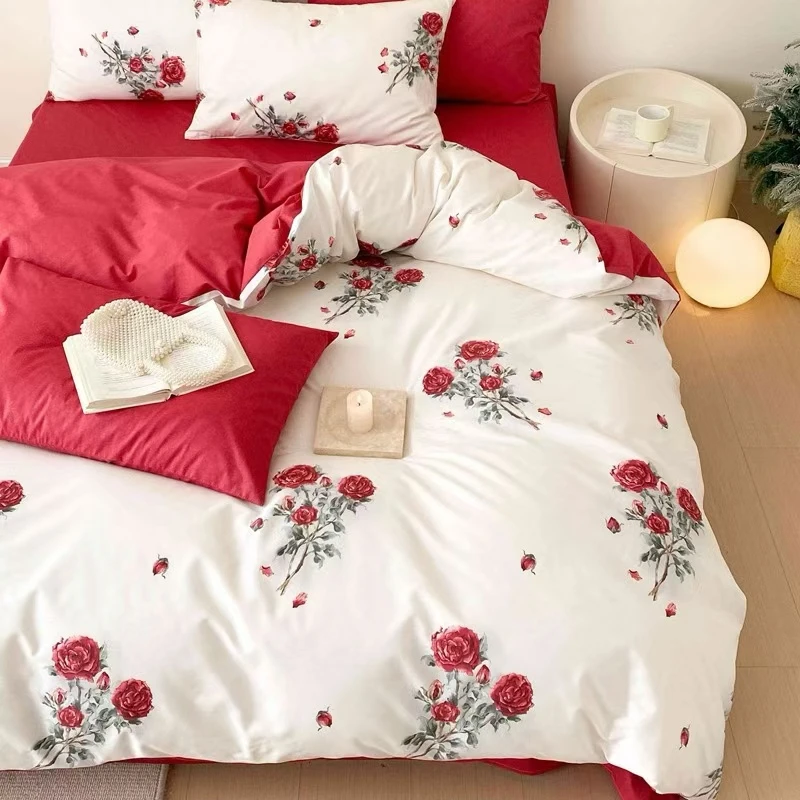 【红玫瑰】全棉纯棉铂金棉四件套学生宿舍被套活性印染斜纹