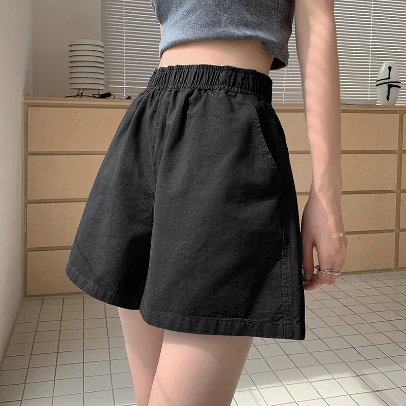 休闲短裤女百搭阔腿裤夏季新款纯色黑色宽松显瘦外穿松紧高