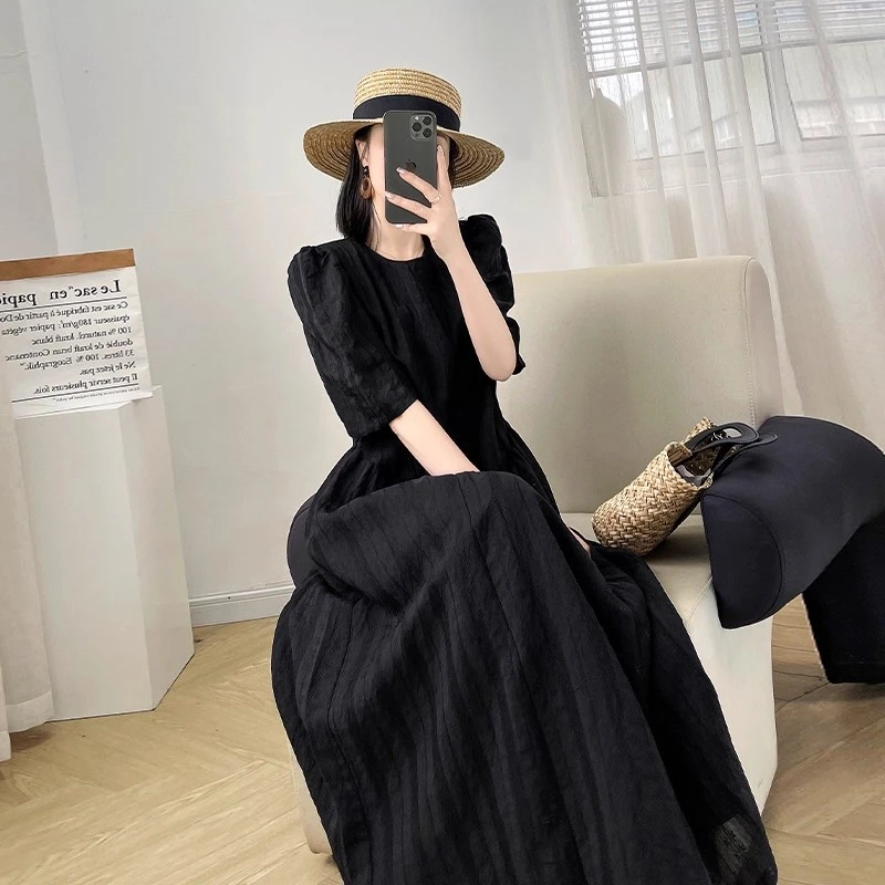 大码女装夏季黑色短袖连衣裙女胖mm时尚减龄遮肉高个子法式长裙子