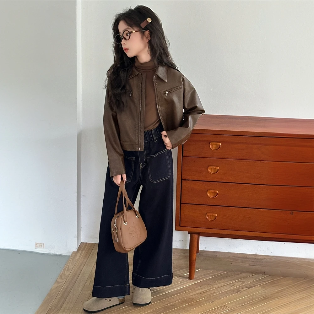 韩国女童上衣春秋款2025新款儿童装秋季宽松百搭翻领夹克皮衣外套