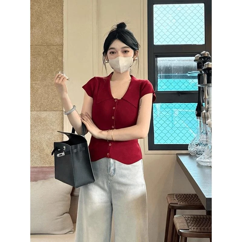 红色正肩polo领冰丝针织短袖T恤女夏季独特别致修身气质翻领上衣