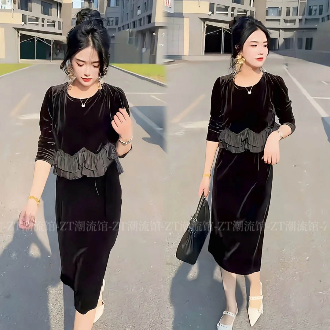 秋冬金丝绒连衣裙2025新款高端小香风黑色修身显瘦减龄洋气裙子