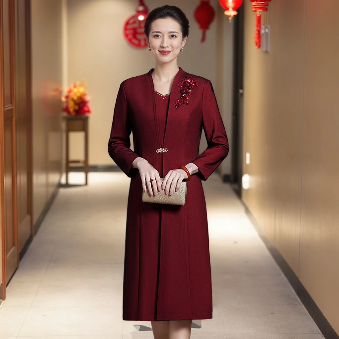 【套装】新款时尚端庄大码妈妈装酒红两件套装D118大气优雅6XL