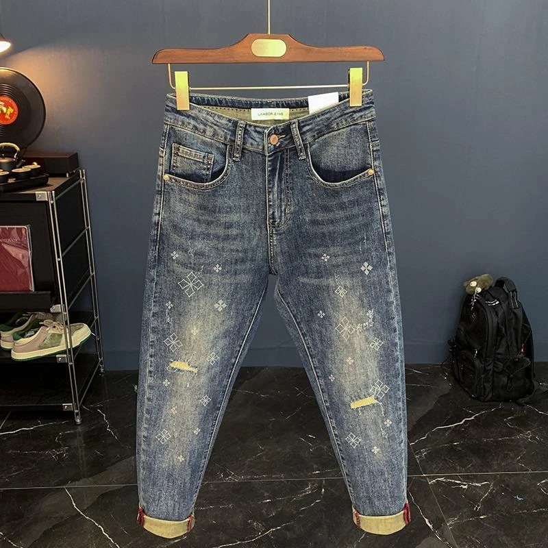 男士牛仔裤潮流修身小脚高端轻奢九分裤韩版潮牌弹力印花破洞裤子