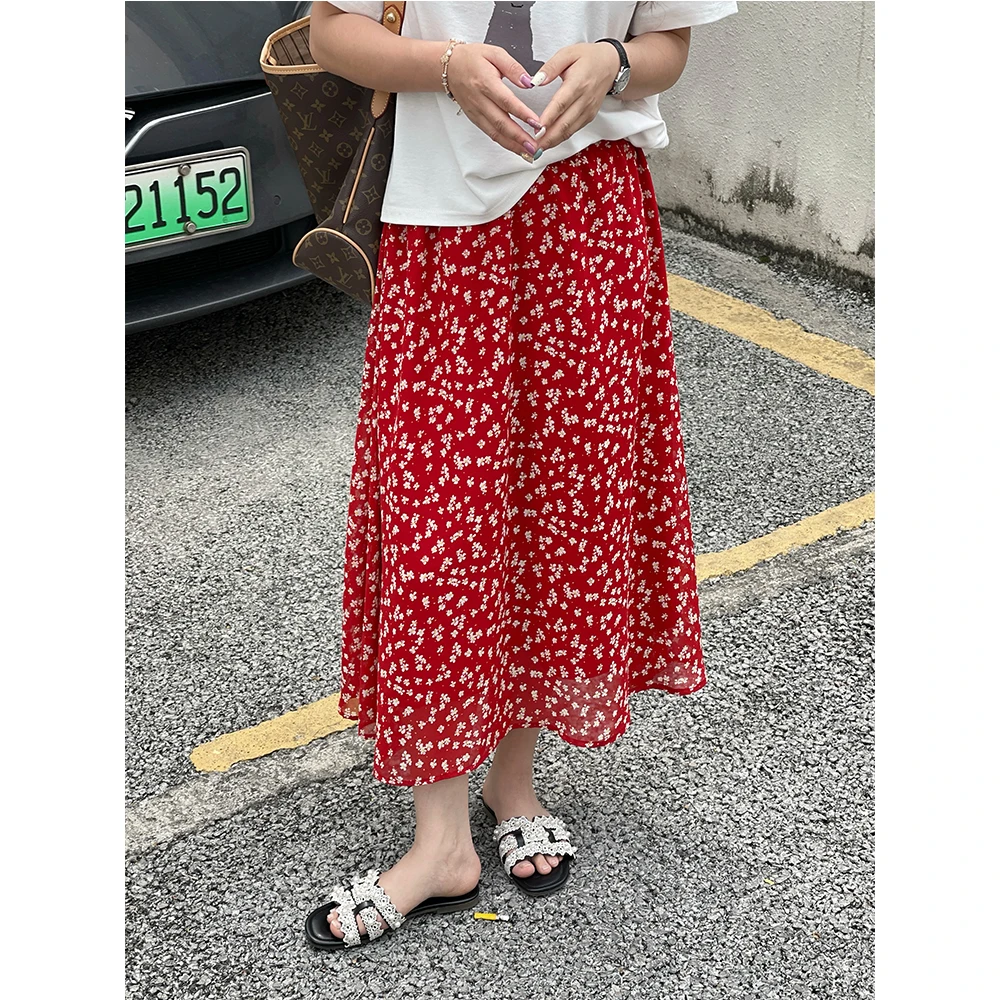WenWen小个子定制韩系复古红色碎花半身裙时髦高腰显瘦裙子3674