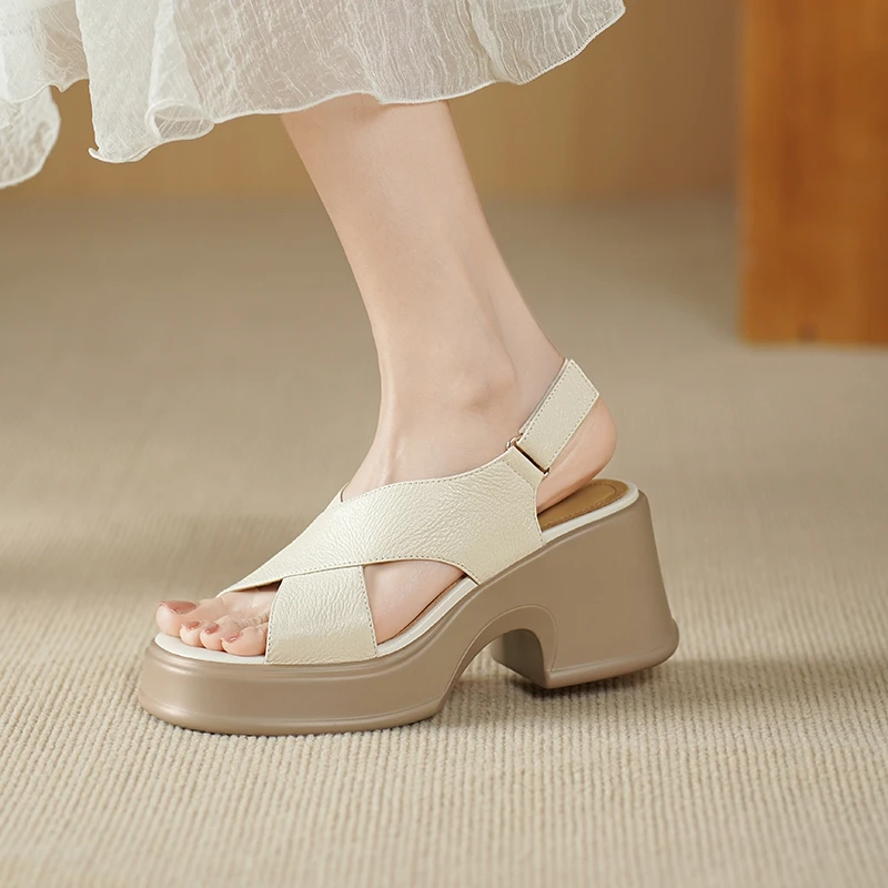 羊皮/7cm复古厚底粗跟鱼嘴凉鞋女夏季交叉带露趾防水台高跟罗马鞋
