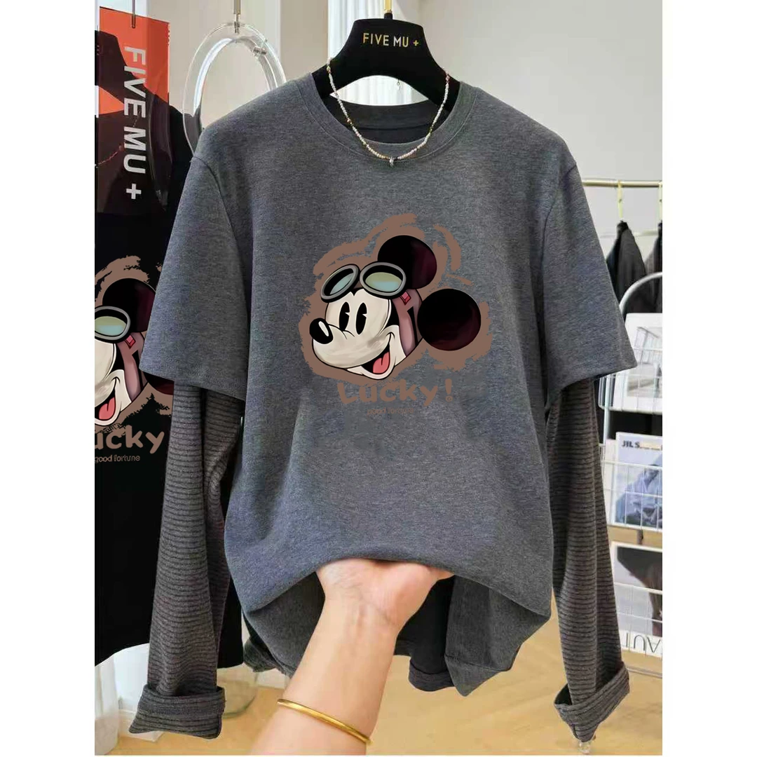 胖妹妹240斤大码印花减龄假两件磨毛长袖T恤女秋冬宽松打底衫上衣